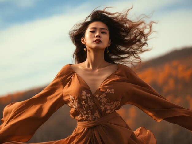 photo of emotional dynamic pose Asian woman in autumn