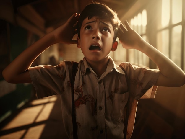 photo of emotional dynamic pose Brasilian kid in school