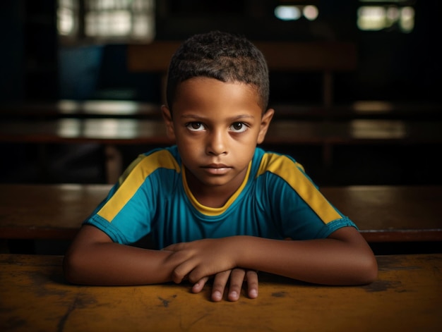 Photo of emotional dynamic pose brasilian kid in school