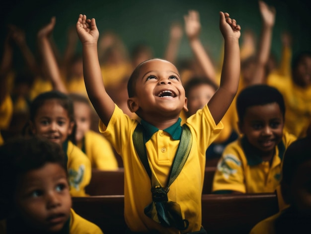 学校での感情的なダイナミックなポーズのブラジルの子供の写真