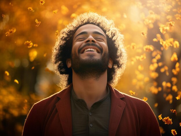 photo of emotional dynamic pose Brazilian man in autumn