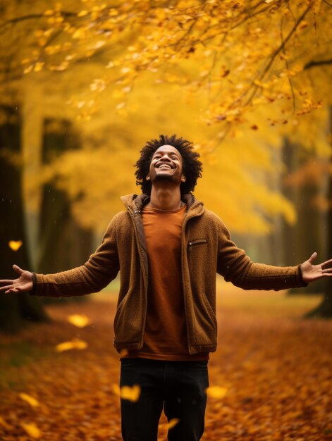 Photo of emotional dynamic pose brazilian man in autumn