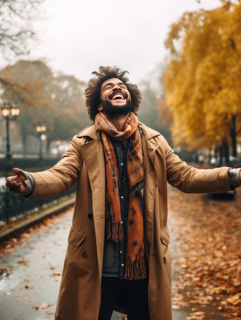 photo of emotional dynamic pose Brazilian man in autumn