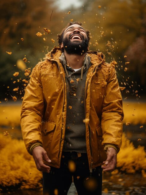 photo of emotional dynamic pose Brazilian man in autumn