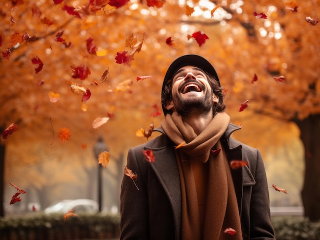 photo of emotional dynamic pose Brazilian man in autumn