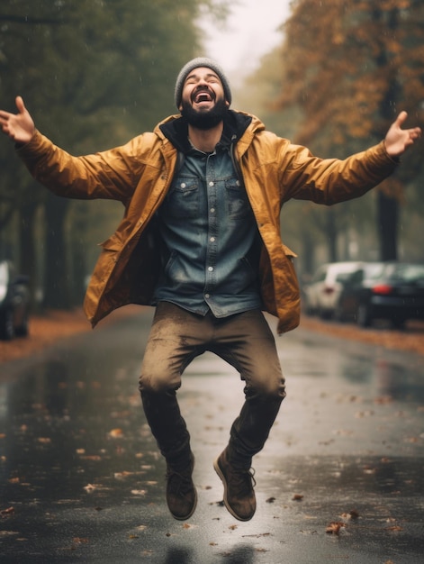 Фото эмоциональной динамической позы бразильский мужчина осенью