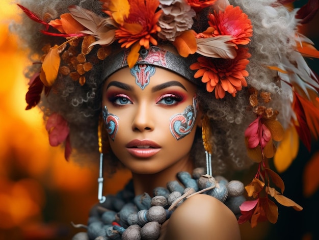 photo of emotional dynamic pose Brazilian woman in autumn