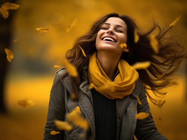 photo of emotional dynamic pose Brazilian woman in autumn