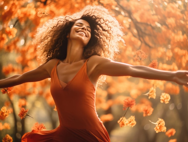 photo of emotional dynamic pose Brazilian woman in autumn