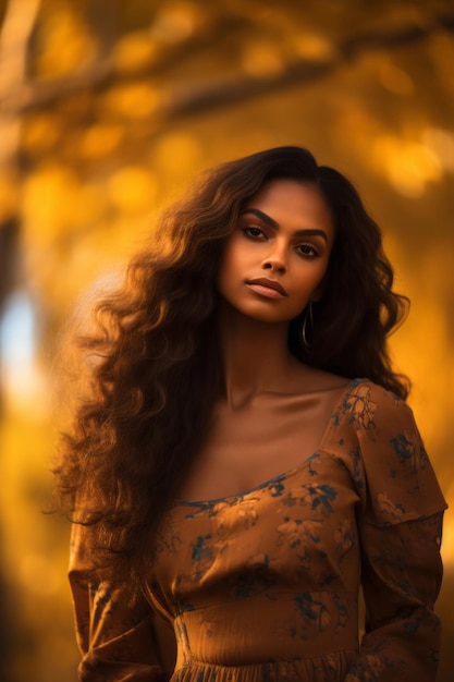 photo of emotional dynamic pose Brazilian woman in autumn