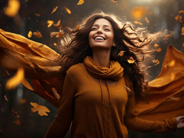 photo of emotional dynamic pose Brazilian woman in autumn