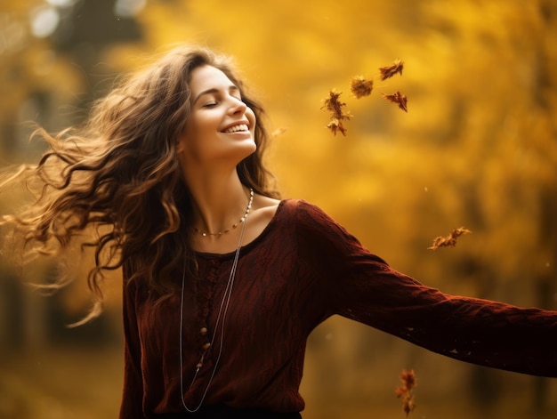 photo of emotional dynamic pose Brazilian woman in autumn