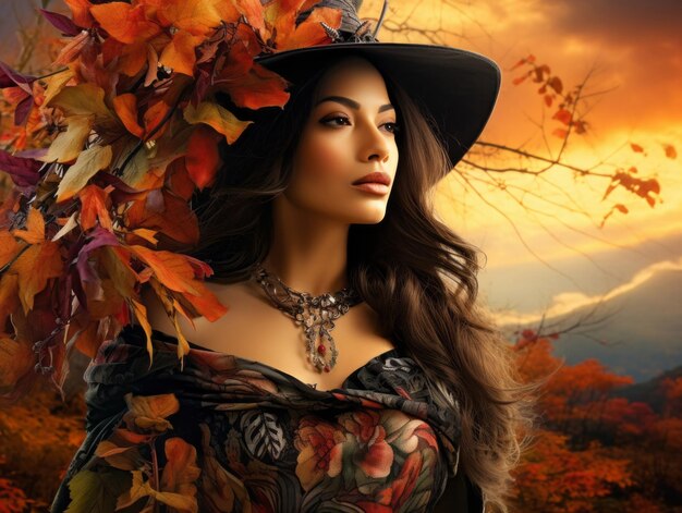 photo of emotional dynamic pose Brazilian woman in autumn