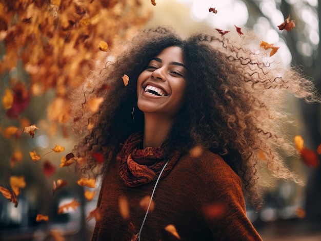 photo of emotional dynamic pose Brazilian woman in autumn