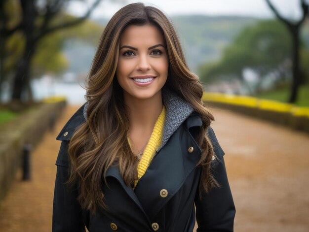 photo of emotional dynamic pose Brazilian woman in autumn