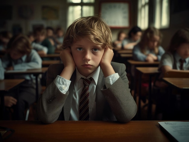 photo of emotional dynamic pose European kid in school