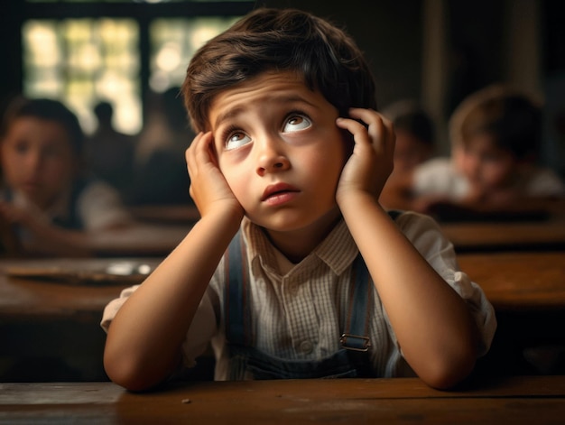 学校での感情的なダイナミックなポーズのヨーロッパ人の子供の写真