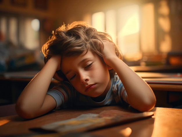 photo of emotional dynamic pose European kid in school