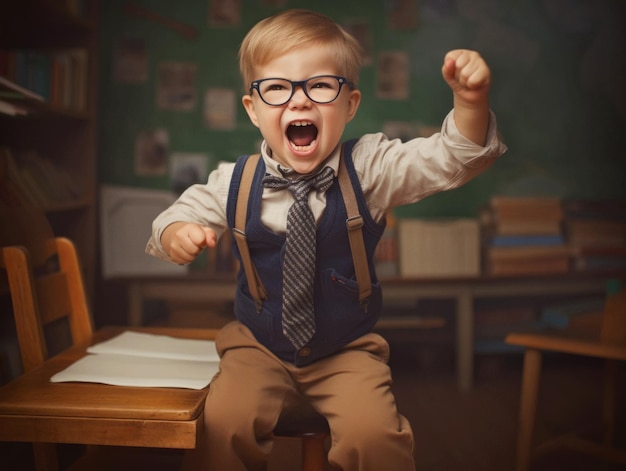 photo of emotional dynamic pose European kid in school