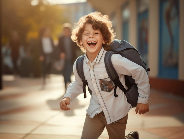 photo of emotional dynamic pose European kid in school