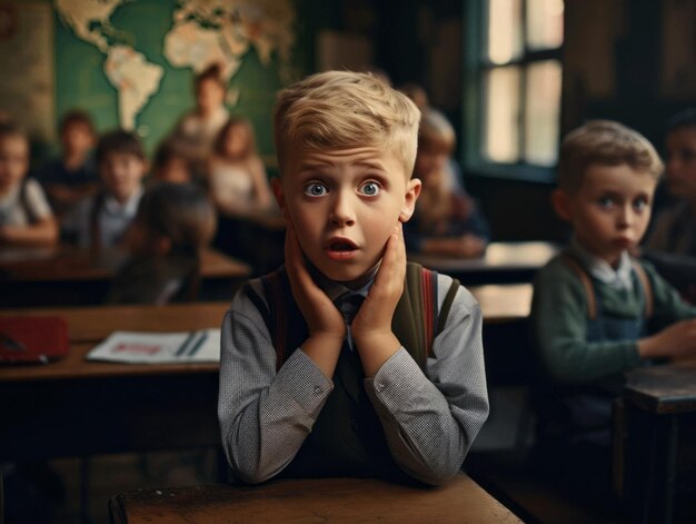 photo of emotional dynamic pose European kid in school