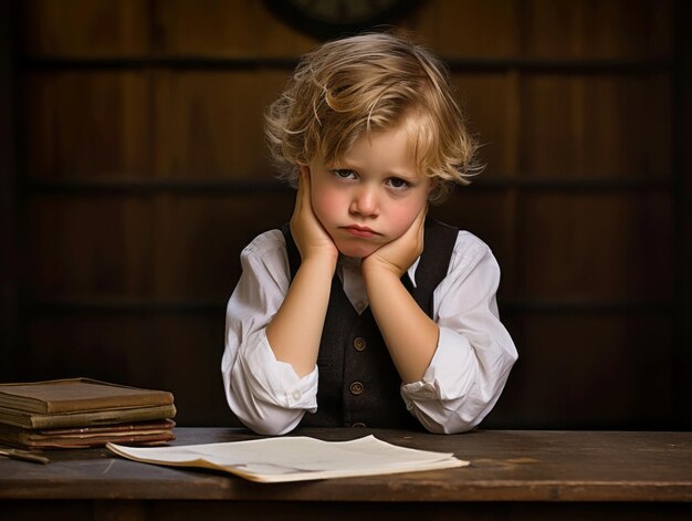 photo of emotional dynamic pose European kid in school