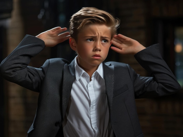 Photo of emotional dynamic pose european kid in school