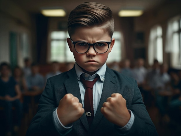 photo of emotional dynamic pose European kid in school