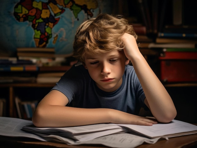 photo of emotional dynamic pose European kid in school