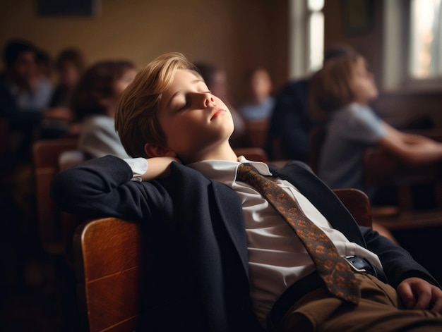 photo of emotional dynamic pose European kid in school