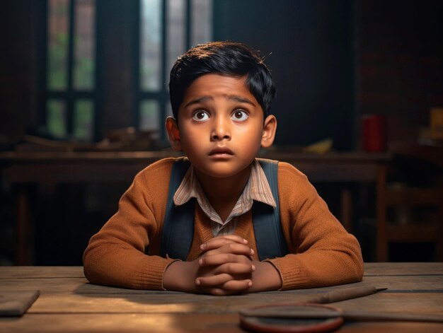 Photo photo of emotional dynamic pose indian kid in school