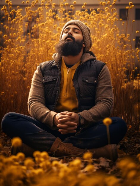 Photo of emotional dynamic pose indian man on autumn background