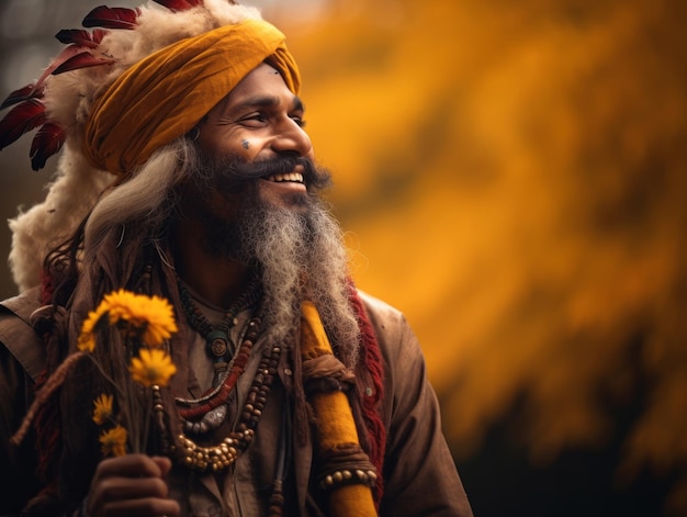 photo of emotional dynamic pose Indian man on autumn background