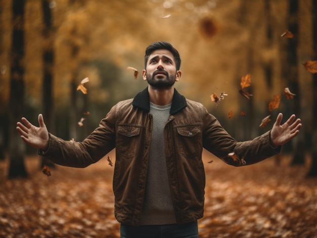 Photo of emotional dynamic pose indian man on autumn background