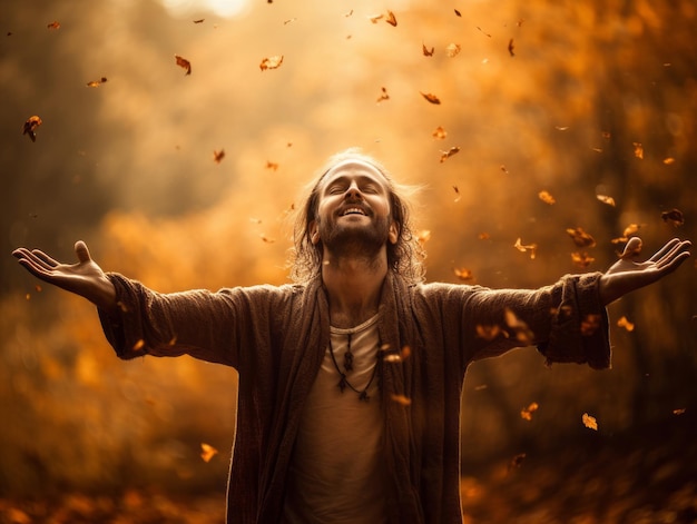 photo of emotional dynamic pose Indian man on autumn background