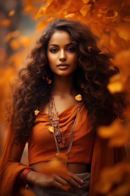 Photo of emotional dynamic pose indian woman on autumn background