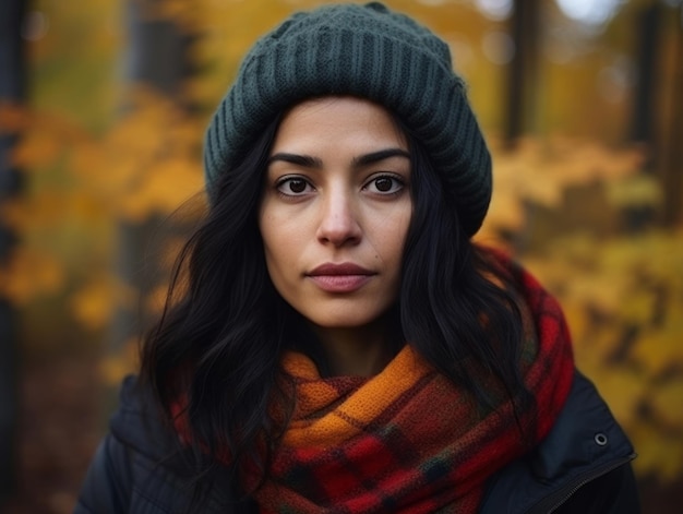 photo of emotional dynamic pose Indian woman on autumn background