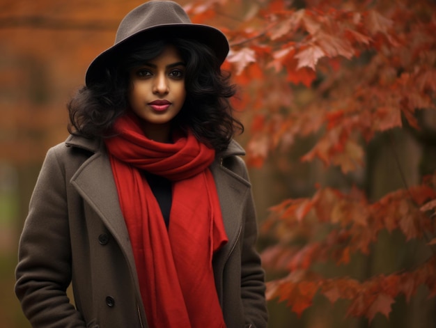 photo of emotional dynamic pose Indian woman on autumn background