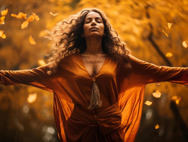 photo of emotional dynamic pose Indian woman on autumn background