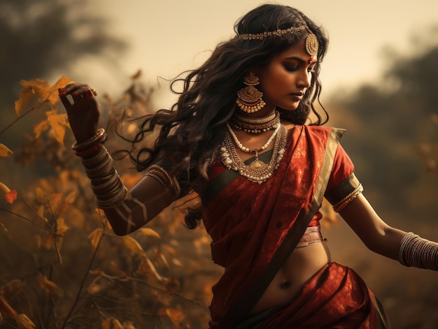 秋の背景に感情的なダイナミックなポーズのインドの女性の写真