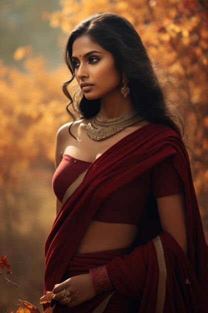 Photo of emotional dynamic pose indian woman on autumn background
