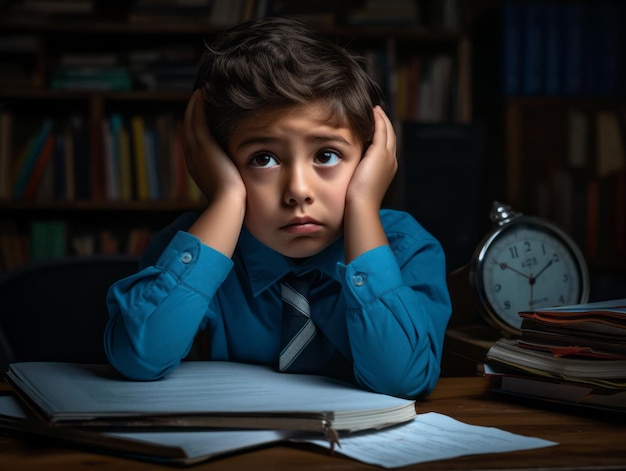 学校での感情的なダイナミックなポーズのメキシコ人の子供の写真