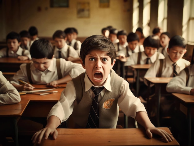 photo of emotional dynamic pose Mexican kid in school