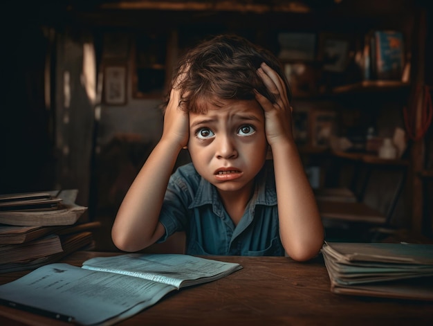 学校での感情的なダイナミックなポーズのメキシコ人の子供の写真