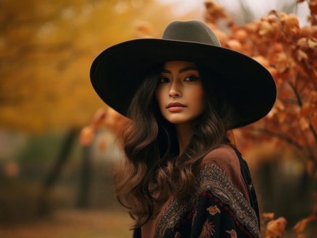 photo of emotional dynamic pose Mexican woman in autumn