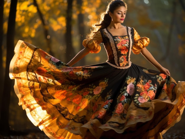 photo of emotional dynamic pose Mexican woman in autumn