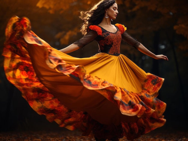 photo of emotional dynamic pose Mexican woman in autumn