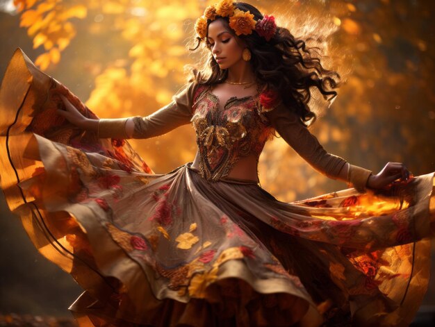 photo of emotional dynamic pose Mexican woman in autumn