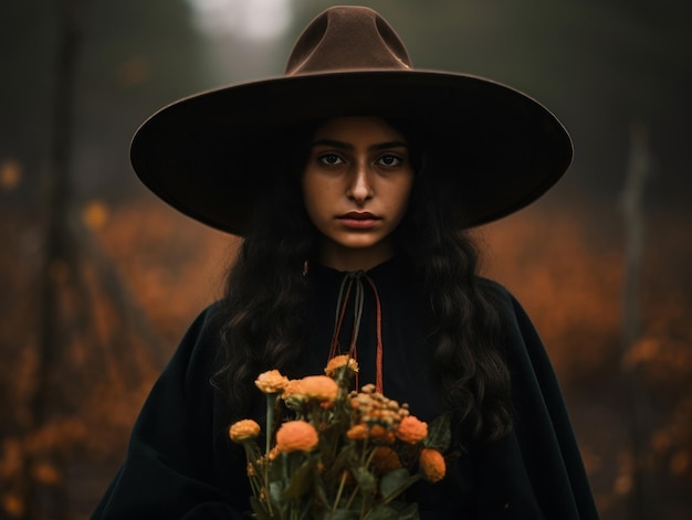 photo of emotional dynamic pose Mexican woman in autumn