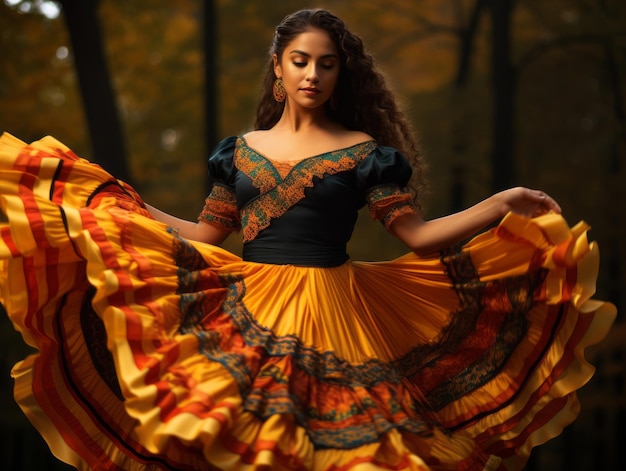 photo of emotional dynamic pose Mexican woman in autumn